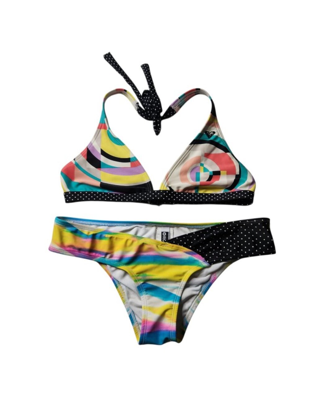 Roxy Women's Pink Triangle Halter Top Bikini Set Geometric Colorful Size L